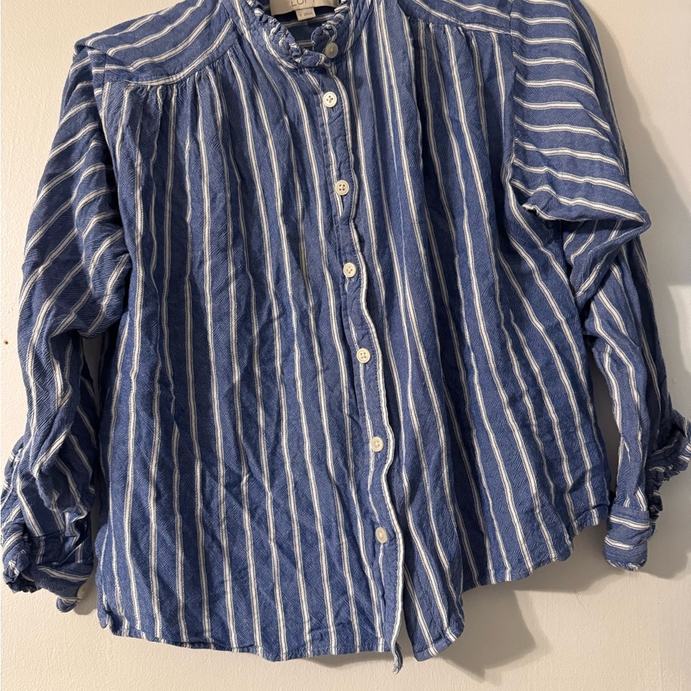 LOFT Blue and White Striped Ruffle Collar Shirt